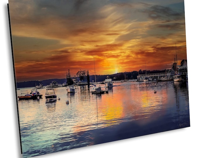 Sunrise Boothbay Harbor Print, Scenic Waterfront View Photography, Nautical Travel Canvas Wall Artwork for Office or Home Decor