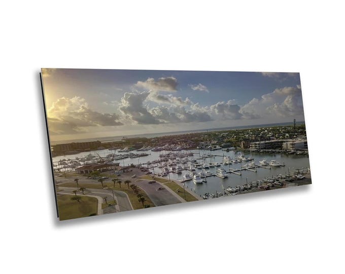 Port Aransas Marina Sunrise Wall Art - Coastal Texas Aerial Photography Print - Boats, Gulf Reflections, and Scenic Beach Landscape Decor