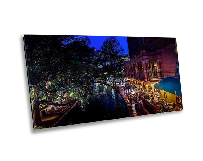 Colorful Riverwalk Night Photography Canvas Print, Majestic Evening Cityscape Scene, Downtown San Antonio Wall Art for Home or Office Decor