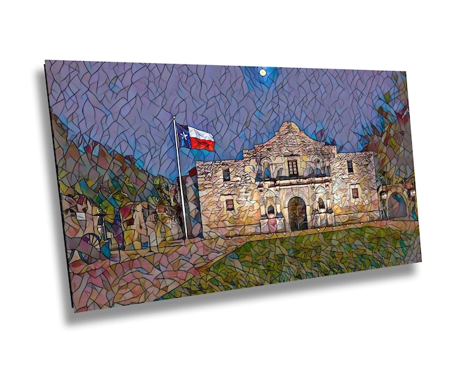 The Alamo in Moonlight Mosaic Canvas Wall Art, Captivating Nighttime Skyline Photography, Texas Historical Landmark, Cityscape Artwork Decor