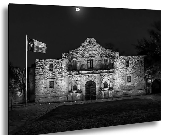 The Alamo in Black  and White, Moonlight Canvas Wall Art, Captivating Nighttime Skyline Photography, Texas Historical Landmark, Cityscape