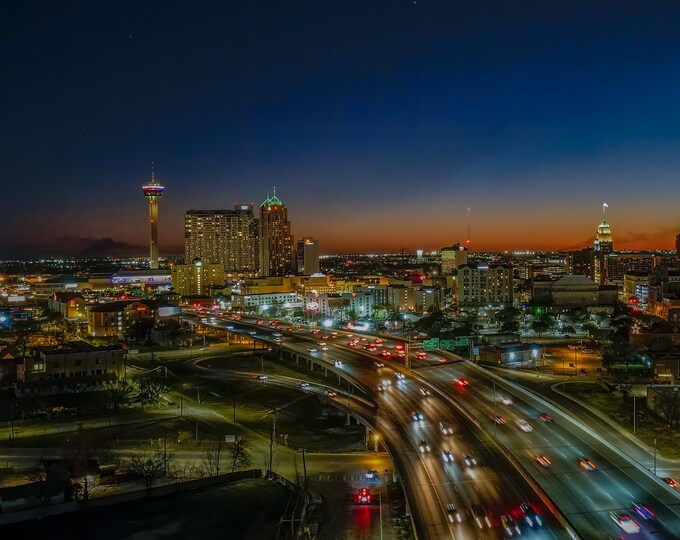 Western View of San Antonio Nighttime, Skyline Canvas Print, Aerial Cityscape Photography, Texas City Lights Canvas for Modern Home Decor