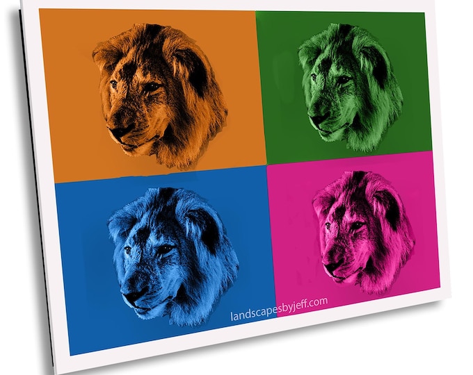 The Lion Head Portrait, Andy Warhol Style Canvas Art for Unique Pop Decor, Wildlife Wall Artwork, Perfect Gift for Office or Home Decor
