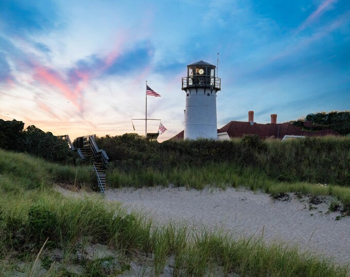 Sunset at Chatham Lighthouse Print - Coastal Cape Cod Acrylic, Metal, Canvas Wall Art - Beach Coast Guard Station Photography for Home Decor
