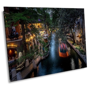 San Antonio River Boat in Motion Canvas Wall Art, Canal River Walk Street Picture Print, Modern City Photography For Office or Home Decor