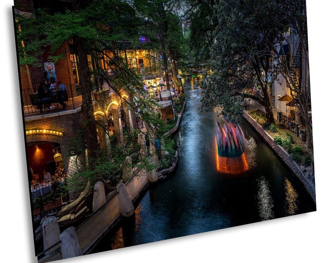 San Antonio River Boat in Motion Canvas Wall Art, Canal River Walk Street Picture Print, Modern City Photography For Office or Home Decor