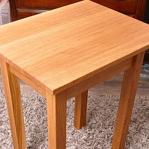 May include: A rectangular wooden side table with a light brown finish and a visible natural wood grain pattern. The table features a flat top surface and four straight, sturdy legs, providing a simple and functional design for any room.