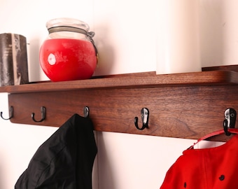 Walnut Coat Rack with Shelf Wooden Hat Rack Wall Mounted Entryway Coat Rack Wooden Organizer Perfect Entryway Accessory Walnut Hat Rack