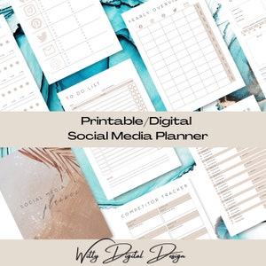 May include: A selection of printable social media planner pages with a watercolour design. The pages include sections for yearly overview, to-do lists, and competitor tracking. The text "Printable/Digital Social Media Planner" is displayed.