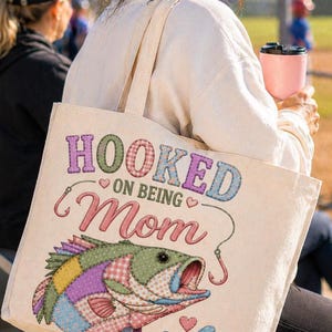 Hooked on Being Mom Patchwork Tote Bag | Fishing Mom illustration, pastel fish design