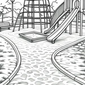 Könnte beinhalten: Schwarz-Weiß-Strichzeichnung einer Spielplatzszene. Zu den Merkmalen gehören ein Klettergerüst, Rutschen, ein Sandkasten, eine Bank und ein Weg. Das Bild ist eine Malbuchseite.
