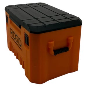 May include: An orange plastic tool box with a black lid and a black handle. The box has the word "RIDGID" printed on the side.
