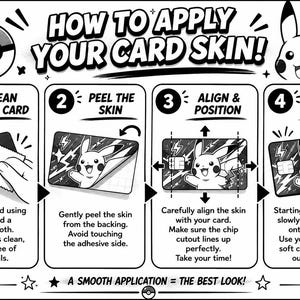 Black and white debit card skin application instruction card for thermal printer order inserts and packaging