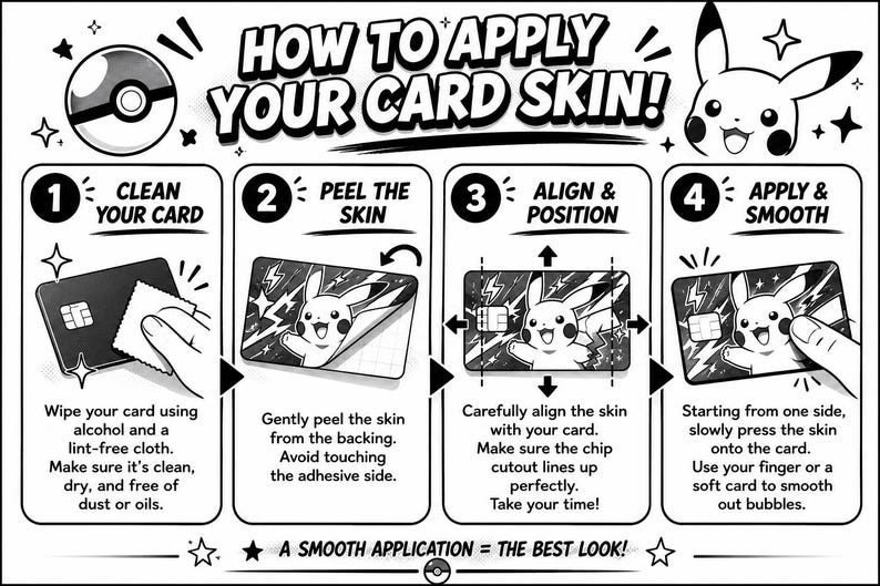 Black and white debit card skin application instruction card for thermal printer order inserts and packaging