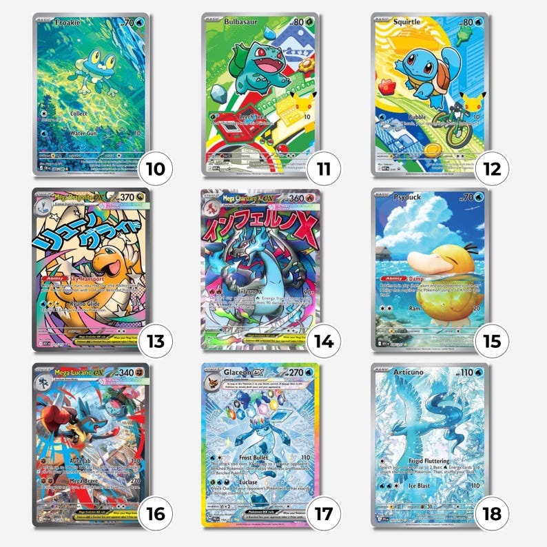 Pokémon credit card skin design selection sheet with numbered custom debit card decals featuring anime and TCG inspired artwork