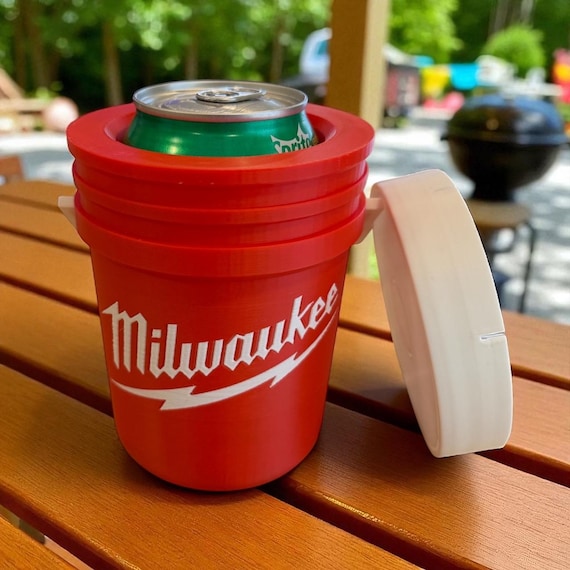 Milwaukee Inspired Bucket Koozy with Lid: Hidden Drink Holder, Garage Decor