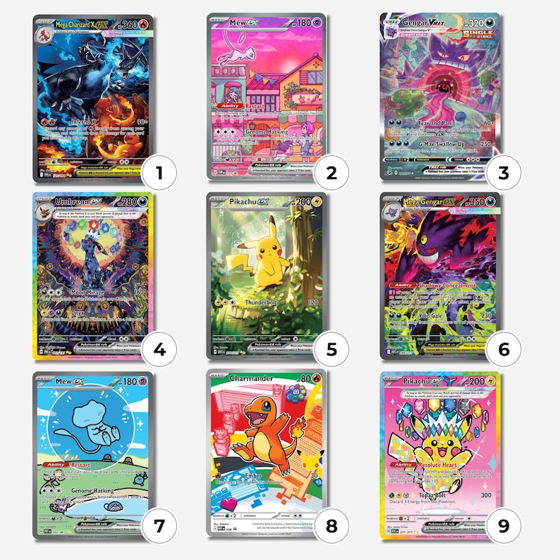 Custom Pokémon debit card skins featuring Pikachu, Umbreon, Charizard, Gengar and anime inspired credit card sticker wraps for debit and credit cards
