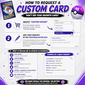 Custom Pokémon card request infographic showing how to order personalized debit card skins using Etsy personalization options
