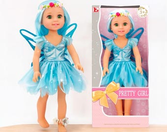 Blue Fairy Girl Doll  – Magical Princess Doll with Sparkly Wings, Flower Crown & Tulle Dress