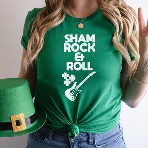 St Patrick's Day Shirt - Shamrock & Roll Tshirt, Irish Tee, Clover T-shirt, St Pattys Green, St Paddy's Rock, Music Guitar
