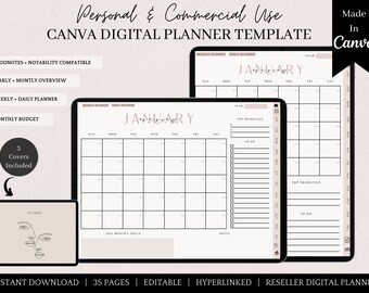 PLR Digital Planner Template Canva | Editable Planner template kit | Hyperlinked Tabs | Customizable Planner | PLR Reseller | Commercial Use