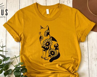 Sunflower Cat Silhouette Shirt, Gift for Cat Lovers, Cat Sunflower Tshirt, Floral Cat Mom Sweatshirt, Cute Summer Shirt for Women, Z177