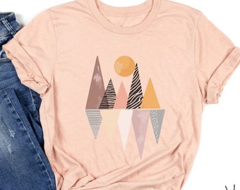 Boho Sunset Over Mountains Shirt, Abstract Peaks Sun Shadows Tee, Birthday Gift for Best Friend, Retro Summer Shirt, Nature Lover Gift