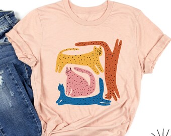 Abstract Art Cats Shirt, Cat Lover Gift, Orange Cat Tee, Cat Mom Shirt, Cute Kittens Womens Top, Mothers Day Gift for Her, Animal Lover Tee