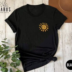Hello Sunshine Shirt, Pocket Size Sun Graphic Tee, Gift for Best Friend, Women&#39;s Summer Tee, Good Vibes Shirt, Impressionist Minimal Sun Tee