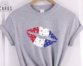 American Kiss Shirt, USA Flag Lips 4th of July Gifts, Patriotic Tee for Women, Red White Blue Lips Shirt, Independence Day Matching T-Shirt