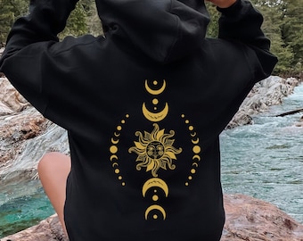 Celestial Sun and Moon Phases Hoodie, 2-sided Mystical Moon Sweatshirt, Astrology Gifts for Women, Aesthetic Spiritual Tee, Boho Sun Shirt