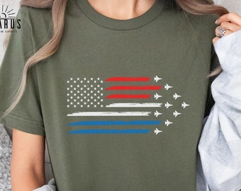 Proud USA Flag by Air Force Fighter Jets Unisex Shirt, Patriotic Gifts, 4th of July Independence Day T-Shirt, Flyover Shirt, Gift for Him