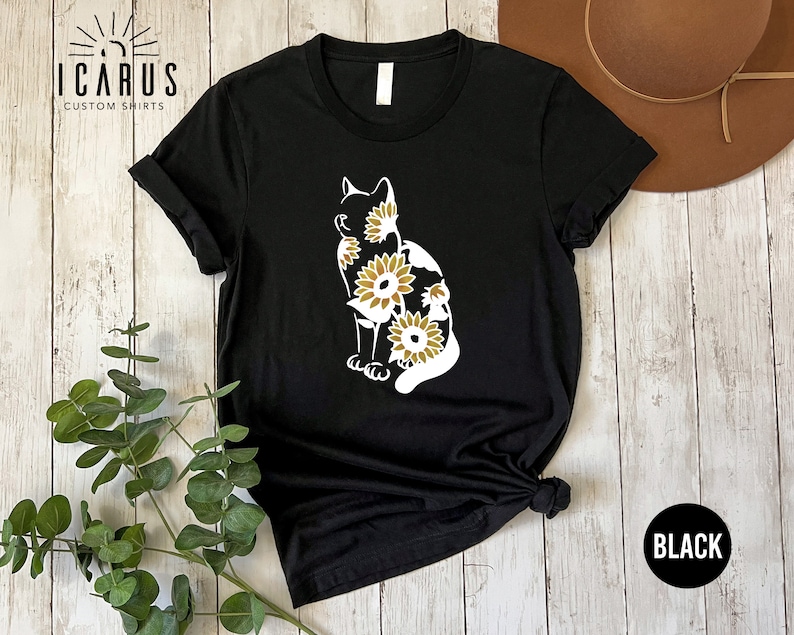 Sunflower Cat Silhouette Shirt, Gift for Cat Lovers, Cat Sunflower Tshirt, Floral Cat Mom Sweatshirt, Cute Summer Shirt for Women, Z177 image 3
