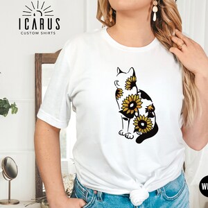 Sunflower Cat Silhouette Shirt, Gift for Cat Lovers, Cat Sunflower Tshirt, Floral Cat Mom Sweatshirt, Cute Summer Shirt for Women, Z177 image 4