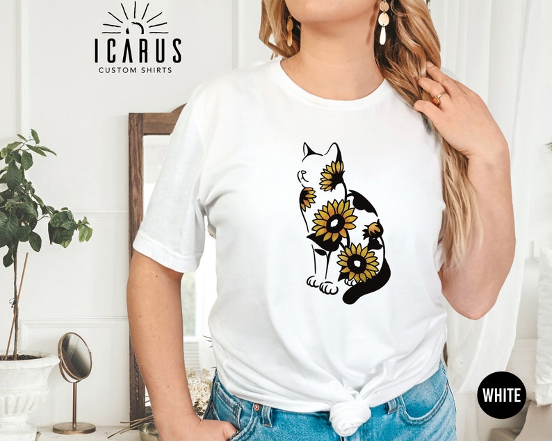 Sunflower Cat Silhouette Shirt, Gift for Cat Lovers, Cat Sunflower Tshirt, Floral Cat Mom Sweatshirt, Cute Summer Shirt for Women, Z177 image 4