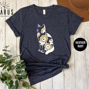 Sunflower Cat Silhouette Shirt, Gift for Cat Lovers, Cat Sunflower Tshirt, Floral Cat Mom Sweatshirt, Cute Summer Shirt for Women, Z177 image 6