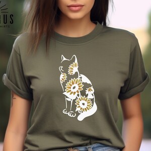 Sunflower Cat Silhouette Shirt, Gift for Cat Lovers, Cat Sunflower Tshirt, Floral Cat Mom Sweatshirt, Cute Summer Shirt for Women, Z177 image 5