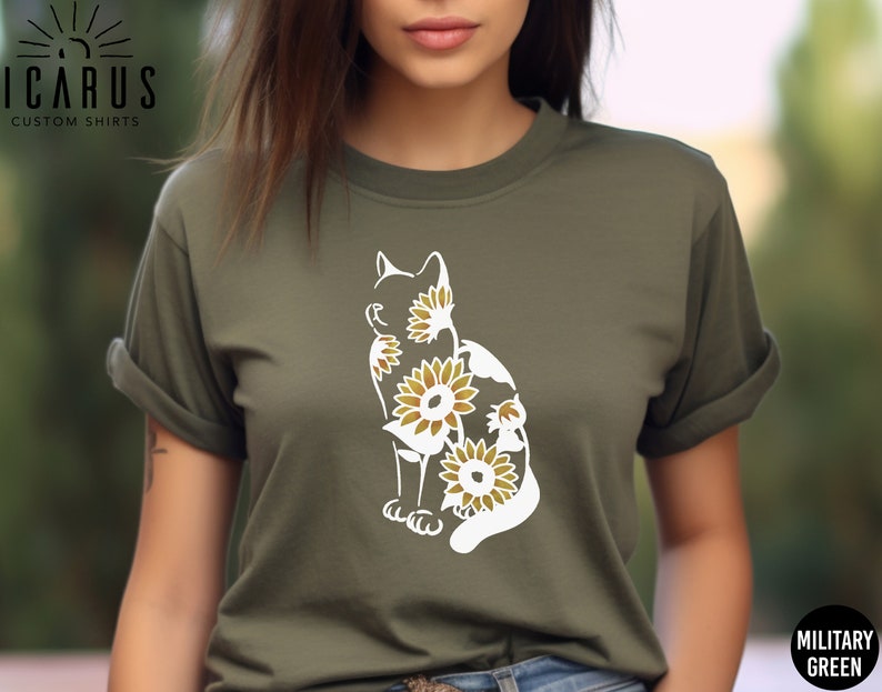 Sunflower Cat Silhouette Shirt, Gift for Cat Lovers, Cat Sunflower Tshirt, Floral Cat Mom Sweatshirt, Cute Summer Shirt for Women, Z177 image 5