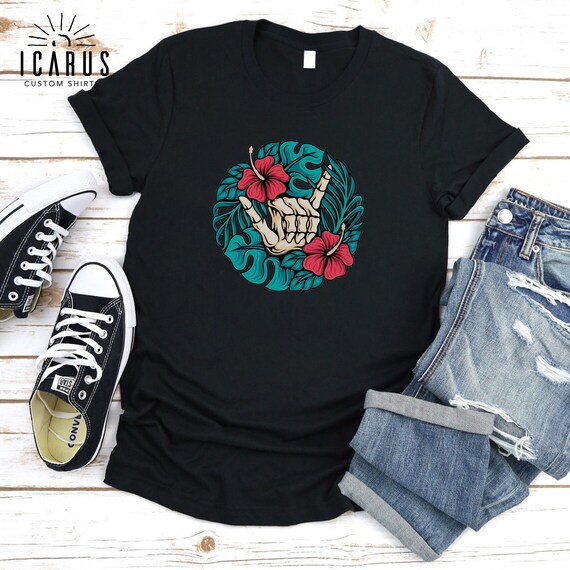 Skeleton Hand Right On Shirt, Gift for Surfers, Hang Loose Top, Floral Hawaiian Hibiscus Tee, Shaka Shirt, Trendy Surfing Shirt, Summer Tee
