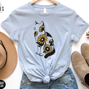 Sunflower Cat Silhouette Shirt, Gift for Cat Lovers, Cat Sunflower Tshirt, Floral Cat Mom Sweatshirt, Cute Summer Shirt for Women, Z177 image 2
