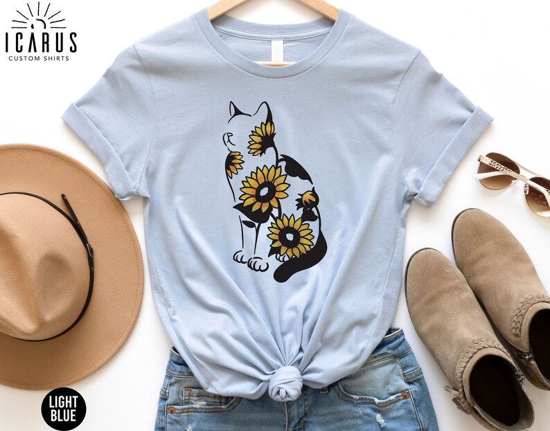 Sunflower Cat Silhouette Shirt, Gift for Cat Lovers, Cat Sunflower Tshirt, Floral Cat Mom Sweatshirt, Cute Summer Shirt for Women, Z177 image 2