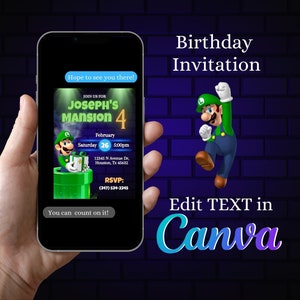 Luigi Super Mario Bros. Digital Birthday Invitation, Editable Birthday Invitation, Canva Birthday Invitation