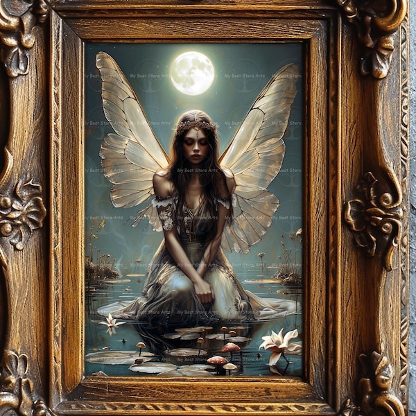 Fairy Under the Moon Art Print - Fantasy Wall Decor, Cottagecore Poster, Whimsical Moody Picture, Dark Fairycore, Gothic Fae, Pixie, D220