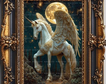 Golden Pegasus Unicorn Art Print - Fantasy Decor, Moon Night Picture, Folklore Fairytale, Whimsigoth, Cottagecore Poster, Magical Horse C813