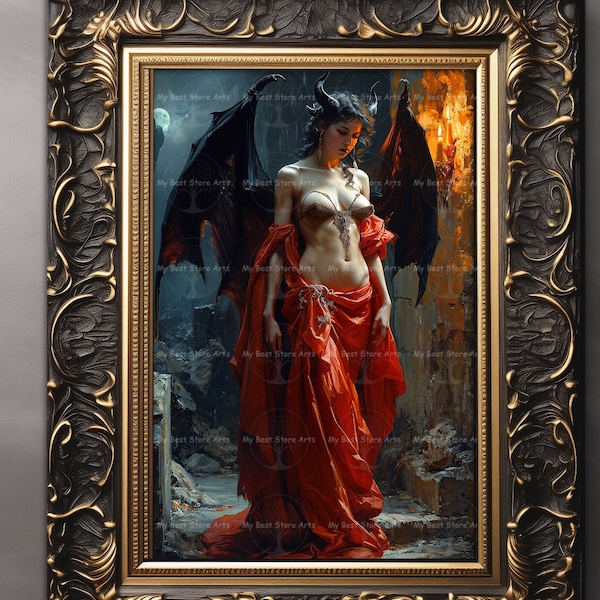 Succubus Lilith Art Print - Cartel de la Academia Oscura, Decoración de la pared de la Diosa del Inframundo, Imagen de la Reina Demonio, Amante del Diablo, Pintura Oculta Pagana