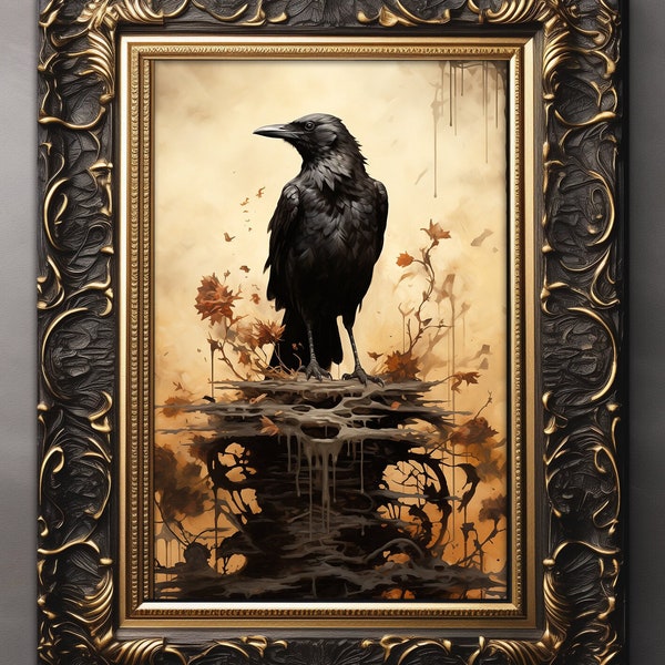 Gothic Raven Art Print -, Witchy Artwork, Goblincore Poster, Occult Crow Portrait, Dark Academia, Bird Painting, Raven Wall Decor C407