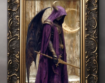 Purple Fallen Angel Art Print - Fantasy Dark Academia, Demon Wall Decor, Gothic Devil Painting, Witchy Warrior, Vampire Aesthetic C791