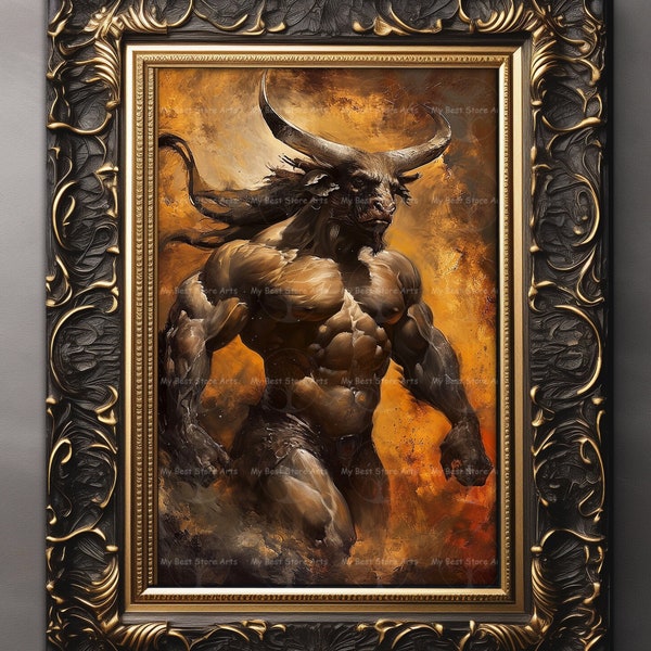 Mythical Minotaur Fine Art Print - Greek Myth Monster, Fantasy Warrior Bull Decor, Dark Academia, Poster, Gothic Folklore Beast Portrait