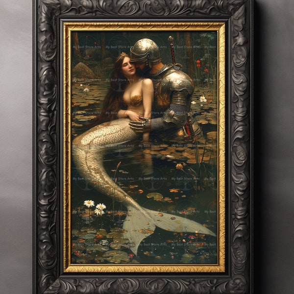 Meerjungfrau und Ritterin Liebe Art Print - Cottagecore Fantasy Wanddekor, Lady of Lake, Vintage-Themed, Sirene Poster, Stimmungsvolles Gothic Bild, D148