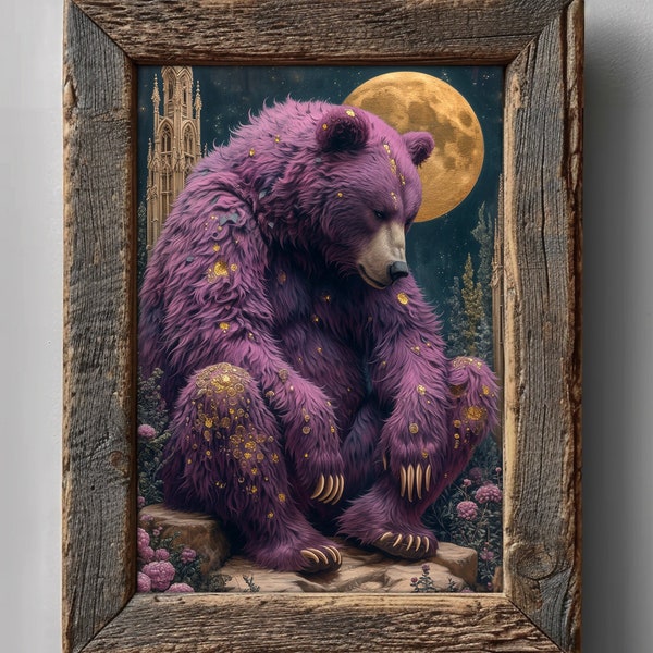 Purple Lunar Bear Fine Art Print - Fantasy Picture, Grizzly Poster, Woodland Animal, Nature Wildlife, Cabin Decor, Cottagecore Gift C806